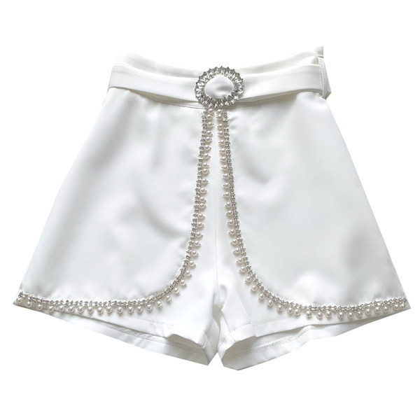 Модерни къси дамски панталони с камъни и перли - бял и черен цвят