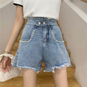 Modes sieviešu šorti ar augstu vidukli un dekoratīvām pērlēm