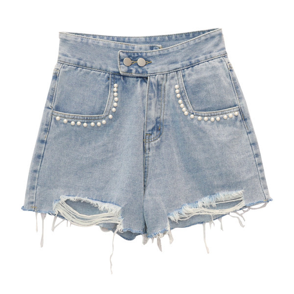 Modes sieviešu šorti ar augstu vidukli un dekoratīvām pērlēm