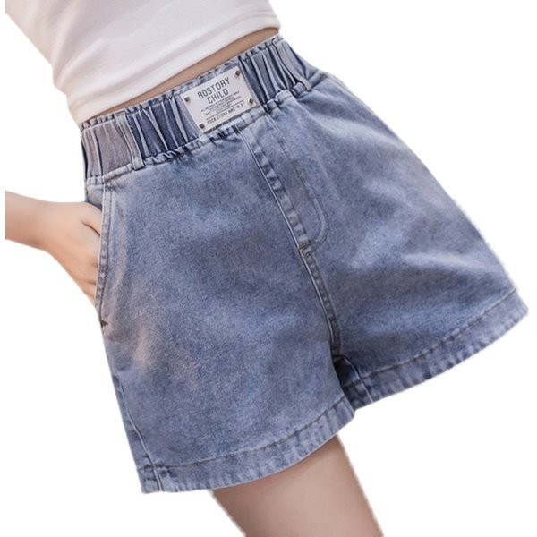 Дамски дънкови къси панталони с ластична талия и емблема 