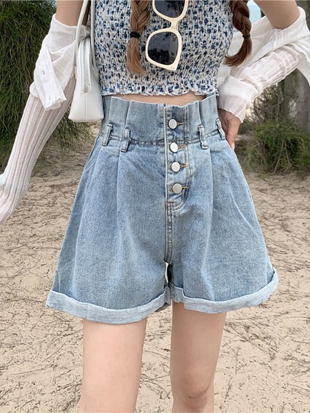 Sieviešu džinsa šorti ar augstu vidukli un pogām