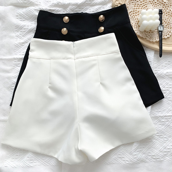 Pantaloni de dama de vara cu nasturi in alb si negru