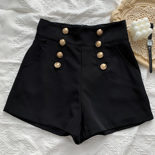 Pantaloni de dama de vara cu nasturi in alb si negru