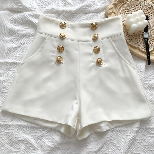 Pantaloni de dama de vara cu nasturi in alb si negru