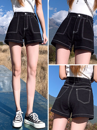 Нов модел дамски къси дънки с висока талия в черен цвят 
