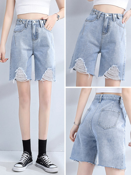 Pantaloni scurți din denim de damă cu talie înaltă în albastru