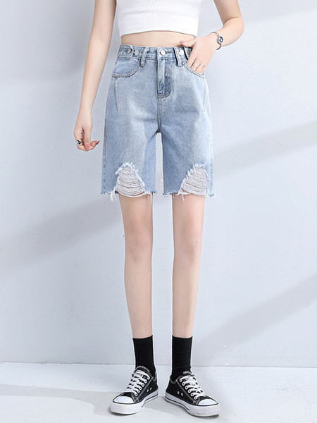 Pantaloni scurți din denim de damă cu talie înaltă în albastru