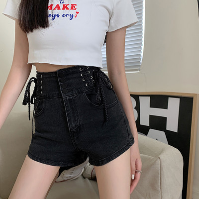 Sieviešu īsās džinsa bikses ar augstu vidukli un saitēm