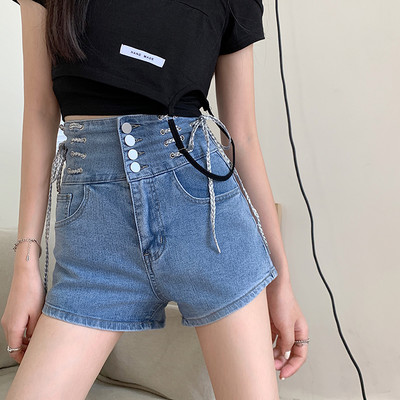 Sieviešu īsās džinsa bikses ar augstu vidukli un saitēm