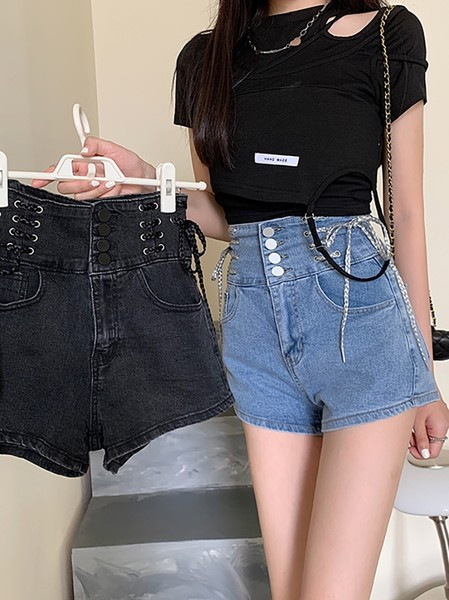 Sieviešu īsās džinsa bikses ar augstu vidukli un saitēm