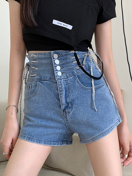 Sieviešu īsās džinsa bikses ar augstu vidukli un saitēm