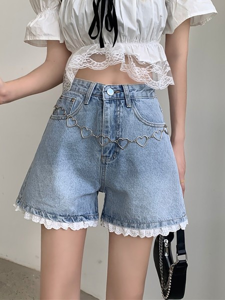 Pantaloni moderni de dama din denim cu dantela si talie inalta