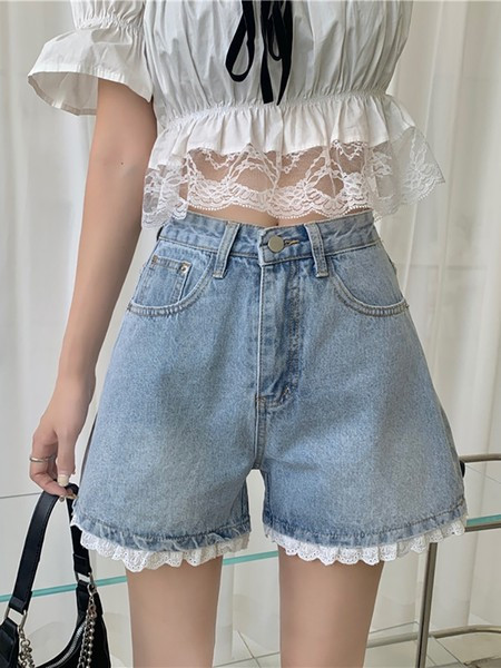 Pantaloni moderni de dama din denim cu dantela si talie inalta