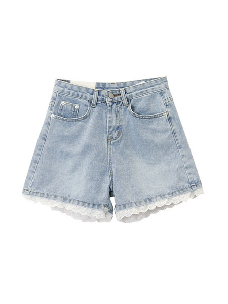 Pantaloni moderni de dama din denim cu dantela si talie inalta