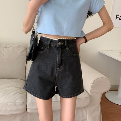 Къс дамски деним панталон с висока талия широк модел