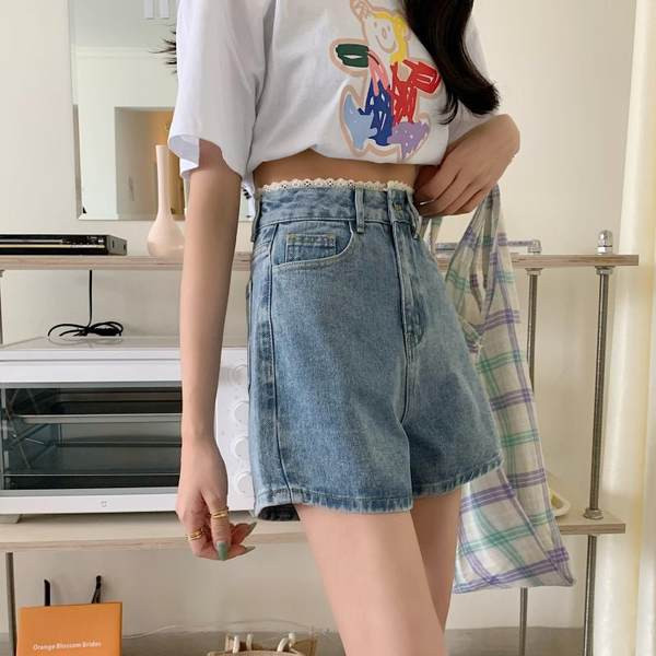 Къс дамски деним панталон с висока талия широк модел