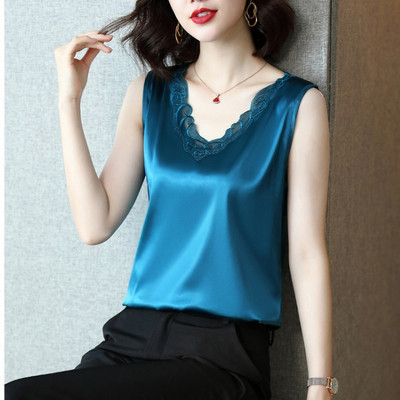 Sieviešu ikdienas satīna tops ar V veida kakla izgriezumu un mežģīnēm