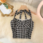 Maieu scurt de damă în carouri, cu dantelă și bretele