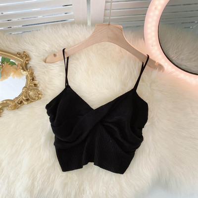 Jauna modeļa sieviešu īss topus ar špica kakla izgriezumu un plānām lencēm