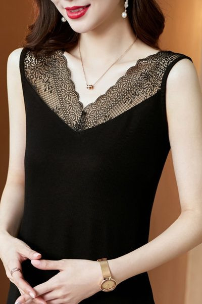 Moderns sieviešu tops ar mežģīnēm un V veida kakla izgriezumu