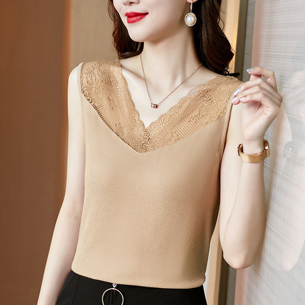 Moderns sieviešu tops ar mežģīnēm un V veida kakla izgriezumu