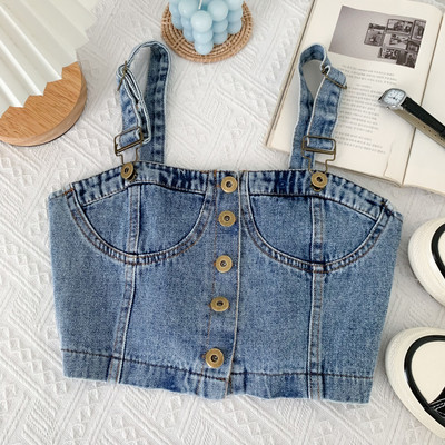 Νέο κοντό γυναικείο αμάνικο μπλουζάκι με λουράκια τζιν