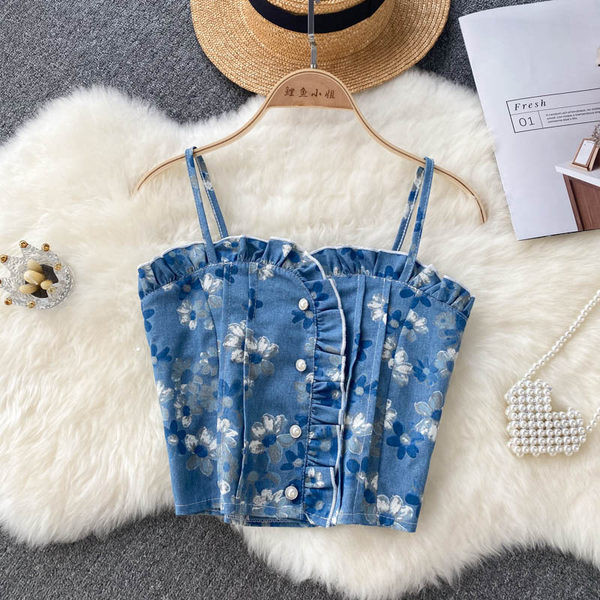 Γυναικείο τζιν μπουστάκι με λεπτά τιραντάκια και κουμπιά