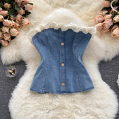 Bustiera de dama din denim cu nasturi in albastru