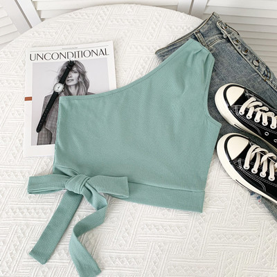 Ikdienas īss sieviešu topiņš ar vienu siksnu un lenti