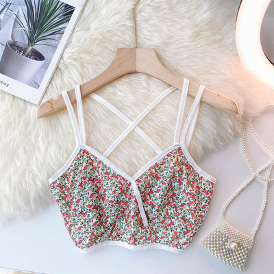 Късо дамско бюстие с флорален десен и тънки презрамки