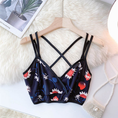 Късо дамско бюстие с флорален десен и тънки презрамки