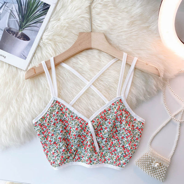 Късо дамско бюстие с флорален десен и тънки презрамки 