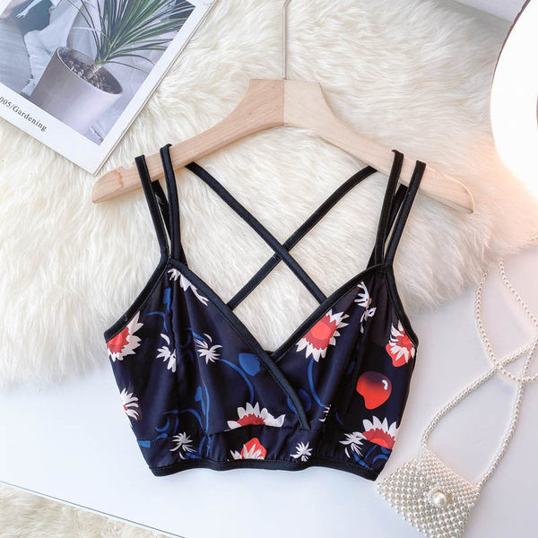 Късо дамско бюстие с флорален десен и тънки презрамки 