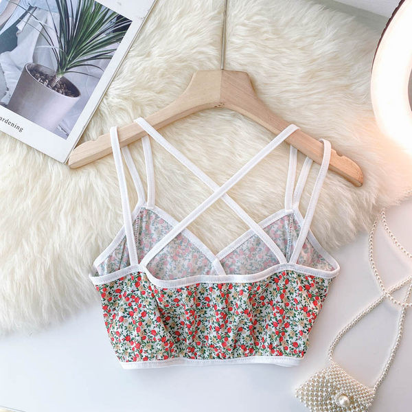 Късо дамско бюстие с флорален десен и тънки презрамки 