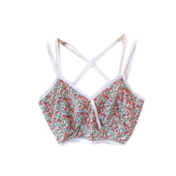 Късо дамско бюстие с флорален десен и тънки презрамки 