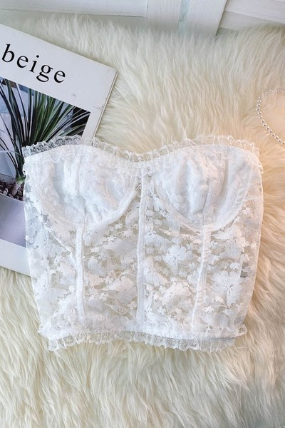 Bustiera scurta de dama din dantela in alb si negru