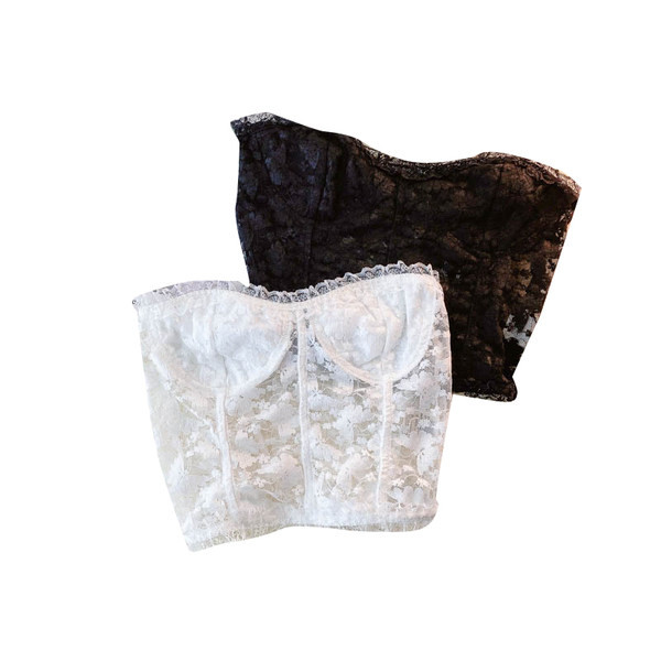 Bustiera scurta de dama din dantela in alb si negru