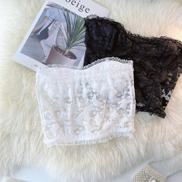 Bustiera scurta de dama din dantela in alb si negru