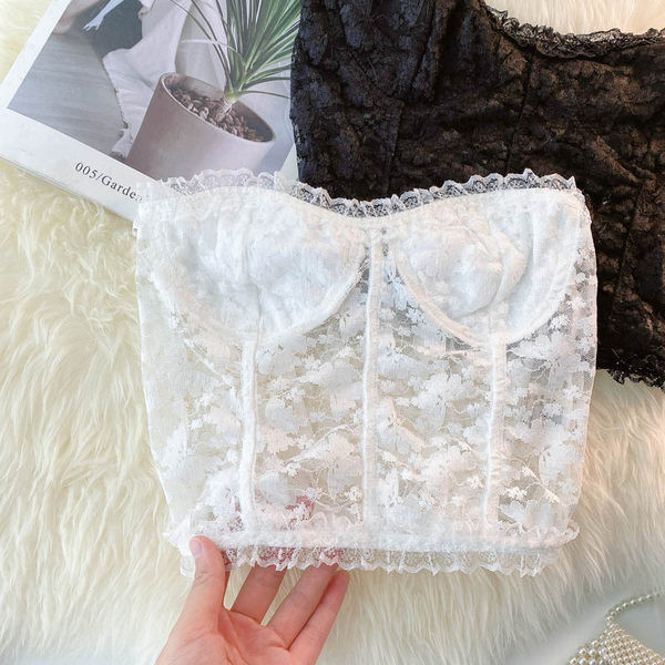 Bustiera scurta de dama din dantela in alb si negru