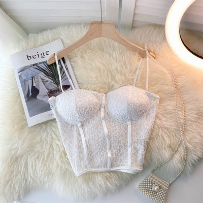 Bustiera scurta de dama cu bretele subtiri in alb-negru