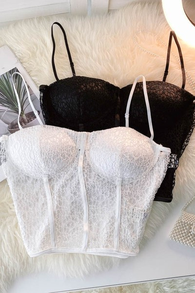 Bustiera scurta de dama cu bretele subtiri in alb-negru