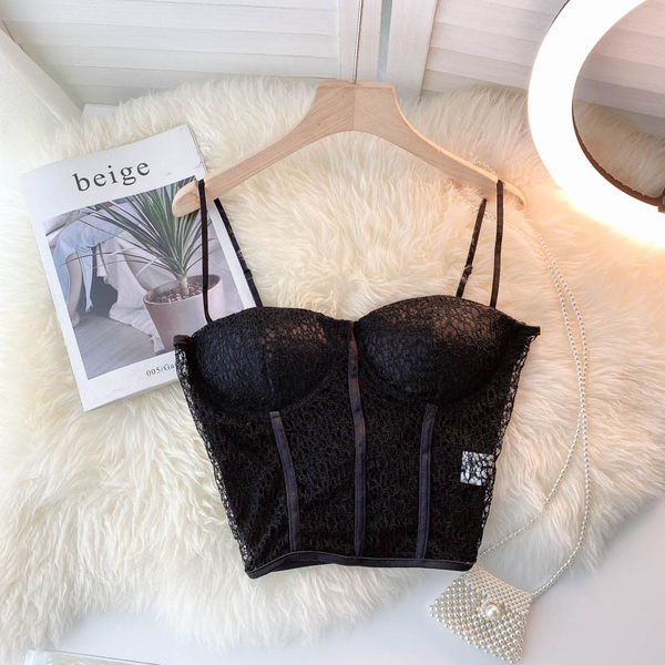 Bustiera scurta de dama cu bretele subtiri in alb-negru