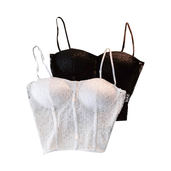 Bustiera scurta de dama cu bretele subtiri in alb-negru