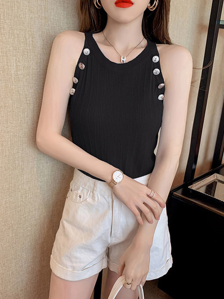 Ежедневен дамски потник с обло деколте и копчета