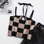 Модерен дамски кариран потник с тънки презрамки