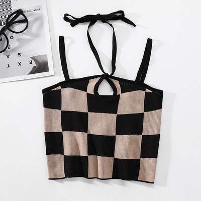 Модерен дамски кариран потник с тънки презрамки