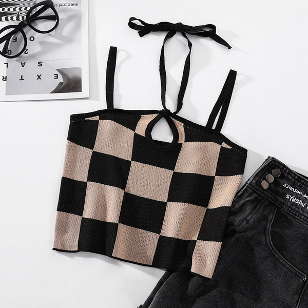 Модерен дамски кариран потник с тънки презрамки