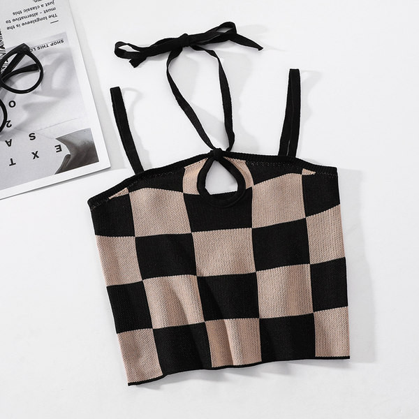 Модерен дамски кариран потник с тънки презрамки