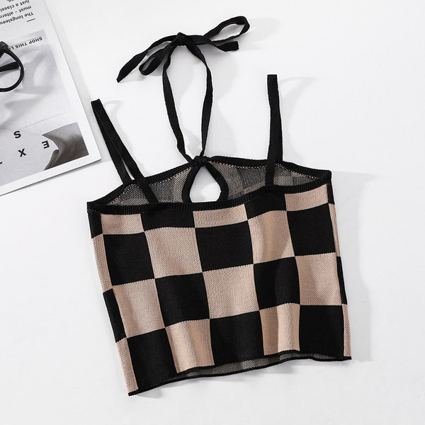 Модерен дамски кариран потник с тънки презрамки