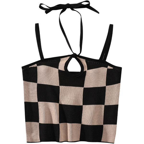 Модерен дамски кариран потник с тънки презрамки